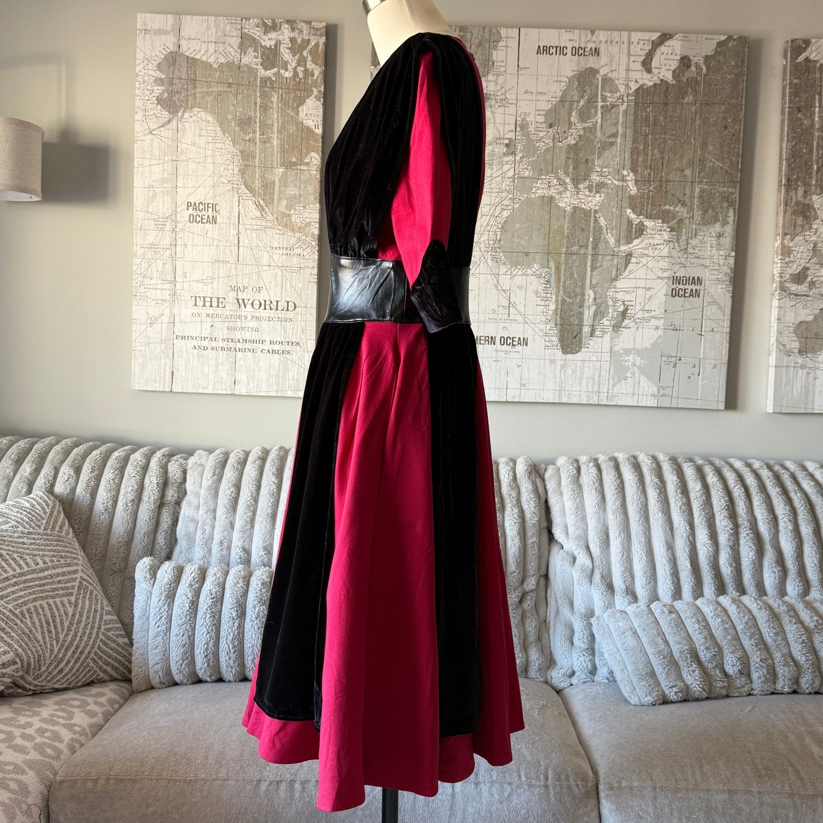 Elhoffer Design Galactic Empress Red Black Velvet Vinyl Midi Dress Womens Medium