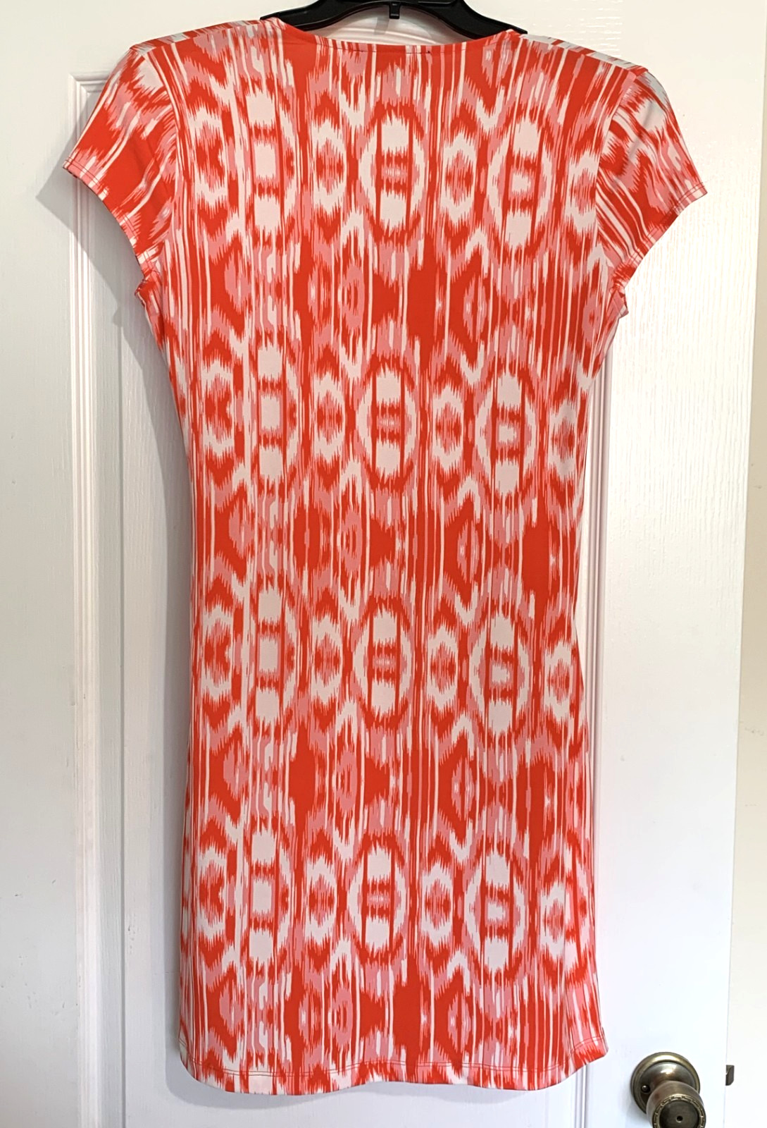 Lady’s Sz PM Orange & White Geo Wrap Look Dress by Jones New York V-Nk Cap Slv