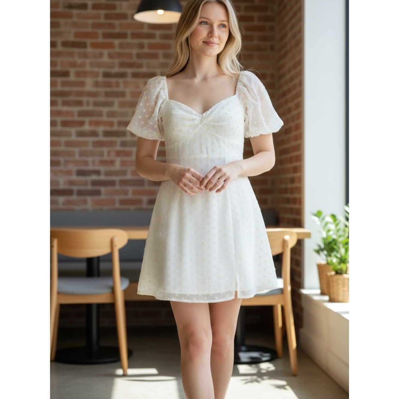 Cottagecore Embroidered Daisies Ivory Puff-Sleeve Sweetheart Mini Dress Med NWT