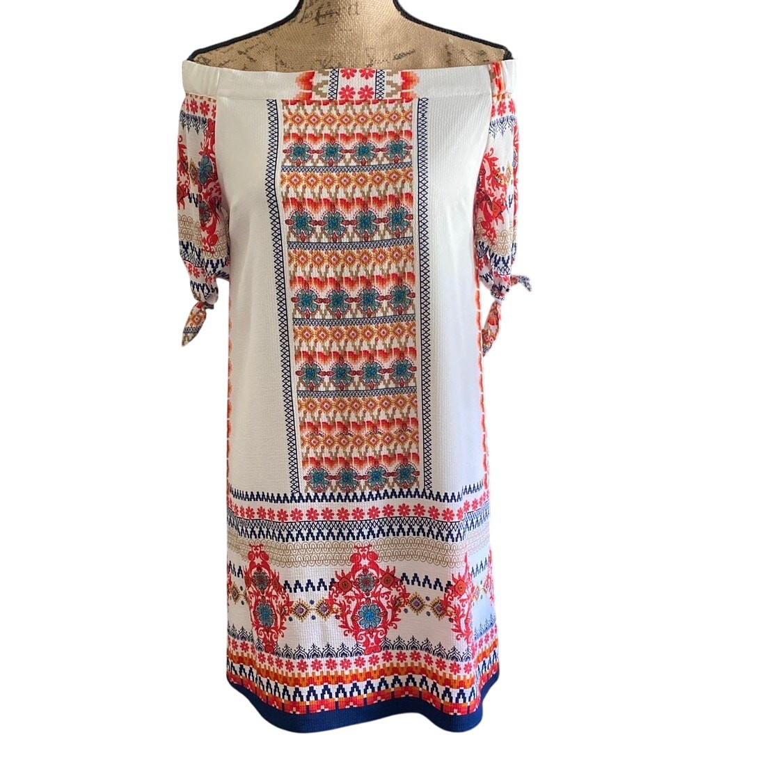 Monteau Dress Size M Multicolor Damask Mini Shift Off Shoulder Boho Coastal