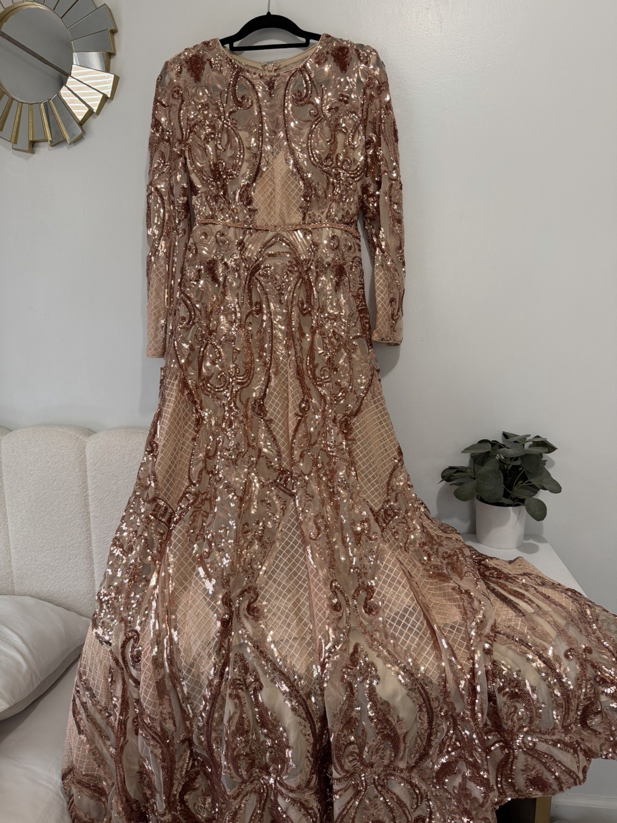 Women’s Rose Gold Sequin Embellished Maxi Dress Long Sleeve Formal Evening Gown