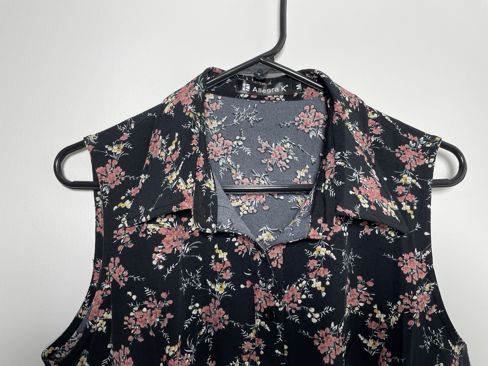 Allegra K Black Pink Floral Collared Button Front Stretch Shirt Dress S