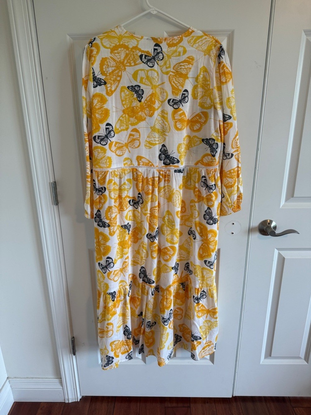 Sweet Magnolia Yellow & White Butterfly Print Tiered Midi Boho Dress Large