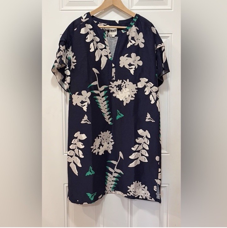 Anthropologie WHIT Silk/Linen Temple Dress in Botanical Print Navy Blue Size L