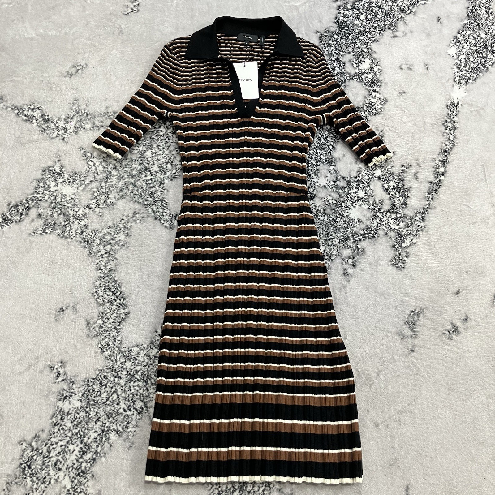 Theory Dress Womens Size M Ribbed Stripe Knit Midi Polo Collar Brown Black NWT