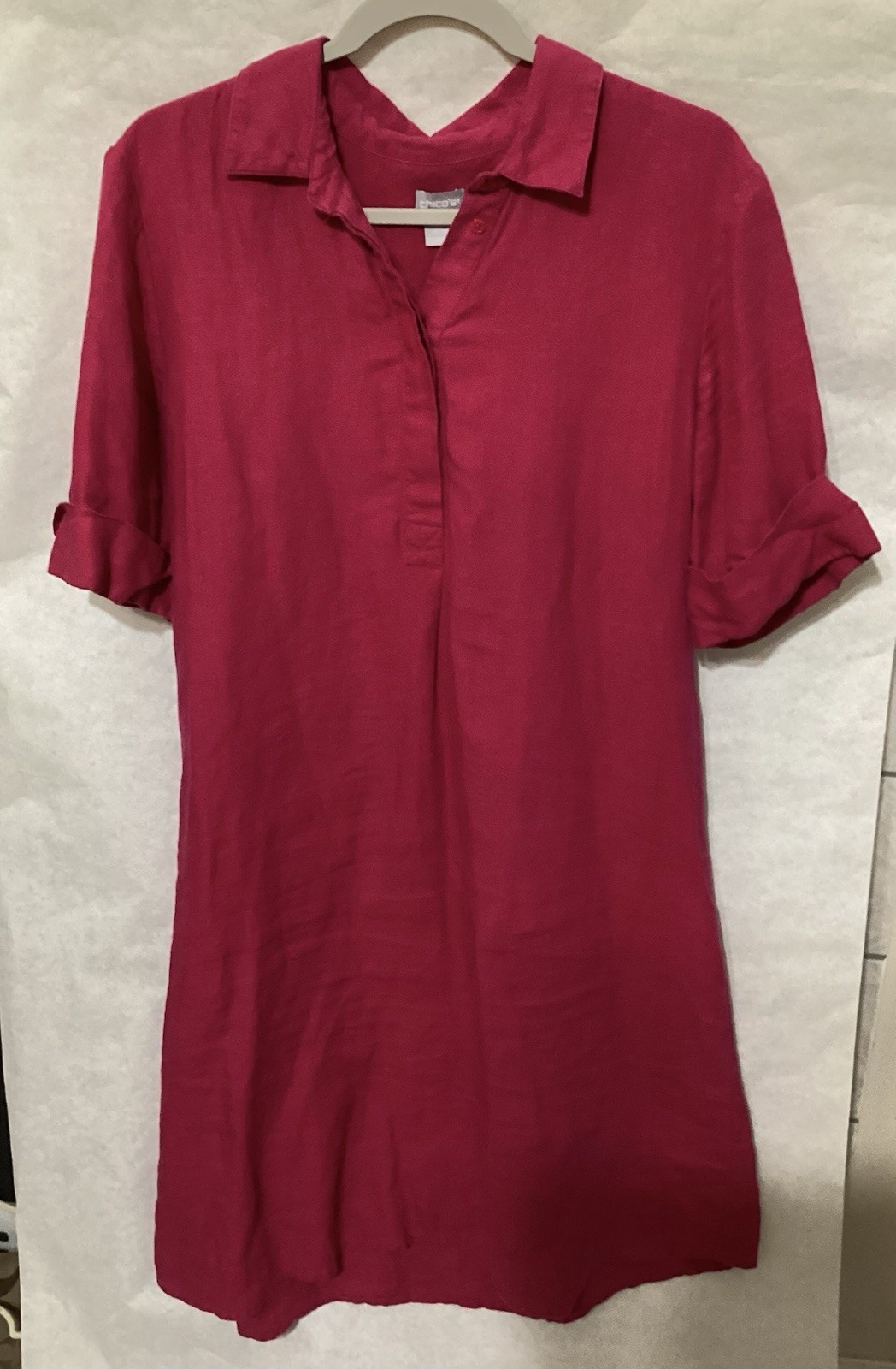 Chico’s Linen Shirt Dress Size 2 US 12 Hot Pink Magenta Cuffed Sleeve Collared
