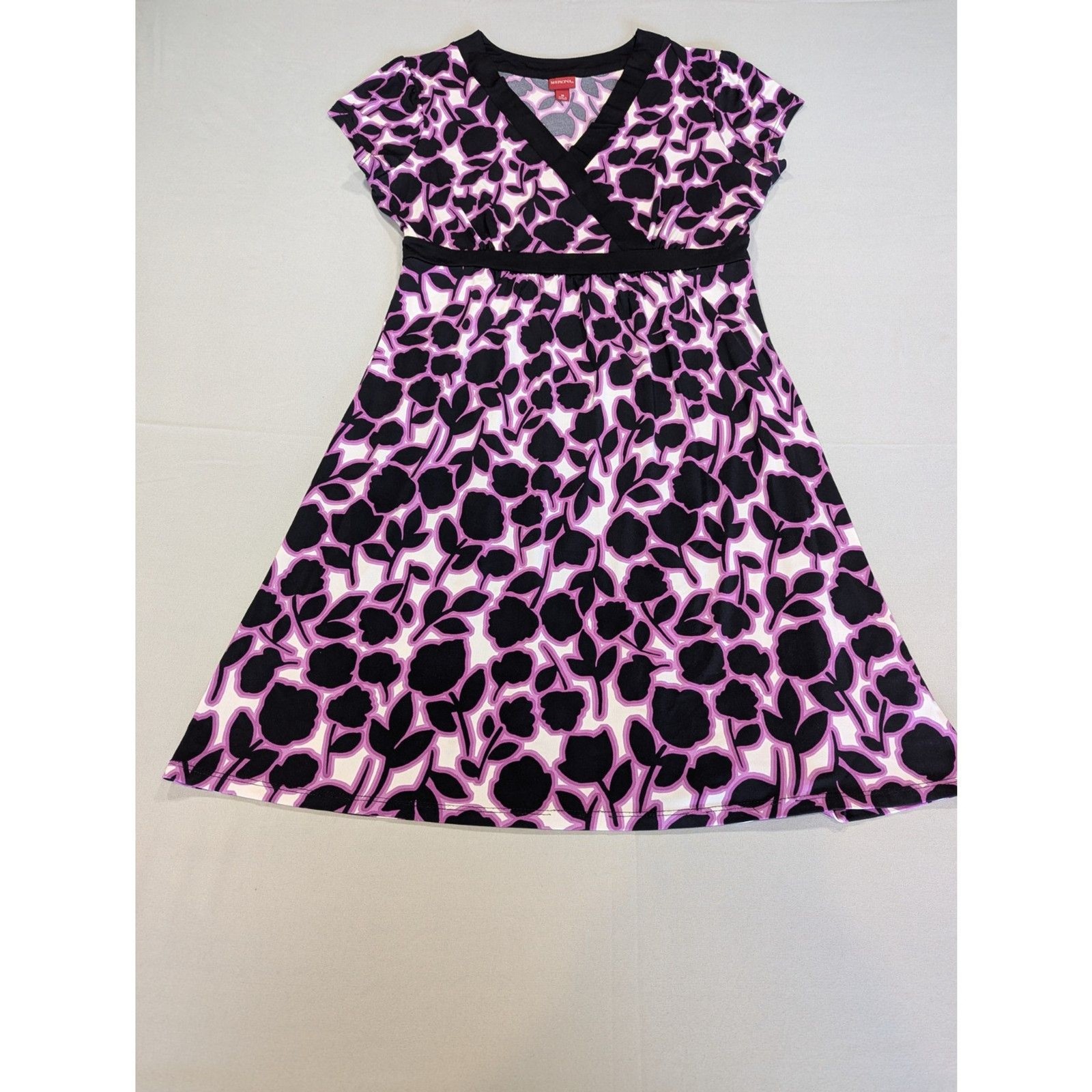 Merona Women’s Medium Floral Empire Waist V-Neck Dress Pink Black White
