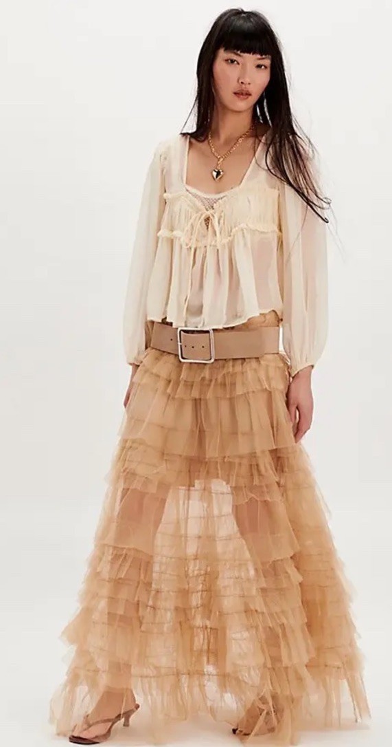Free People Nigel Preston Glastonburry Ruffle Maxi Skirt Dress Tulle Nude M NWT