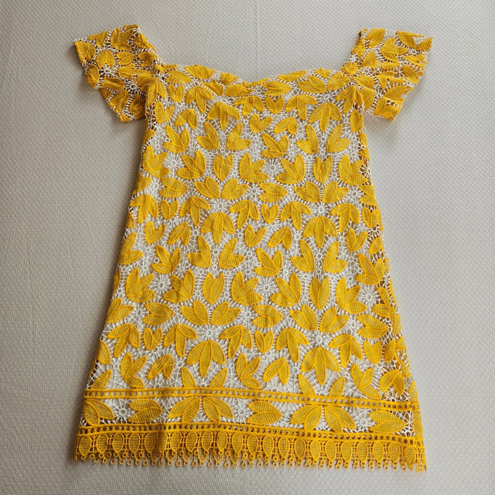 Ellison Yellow Floral Guipure Lace Crocheted Off Shoulder Mini Dress L Wedding