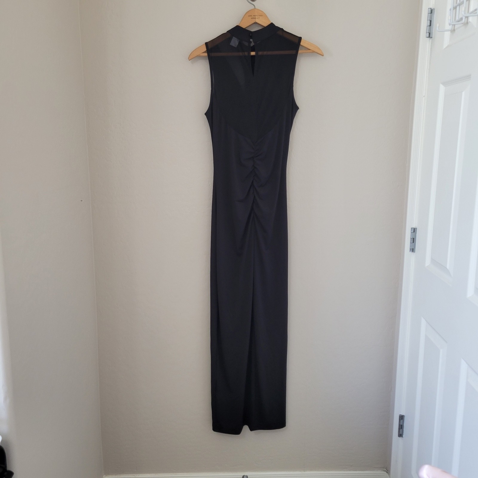 Venus Halter Bodycon Maxi Dress Sz Large Tall Ruched Front & Back w/ Slit Black