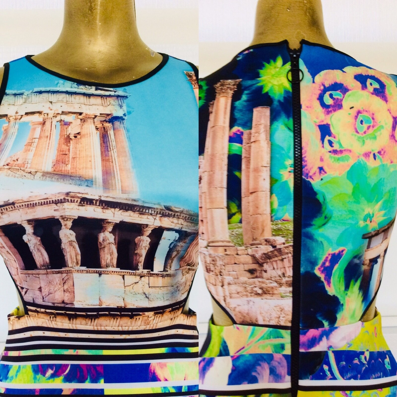 CLOVER CANYON Neoprene ACROPOLIS GARDEN Greek Greece Print DRESS S