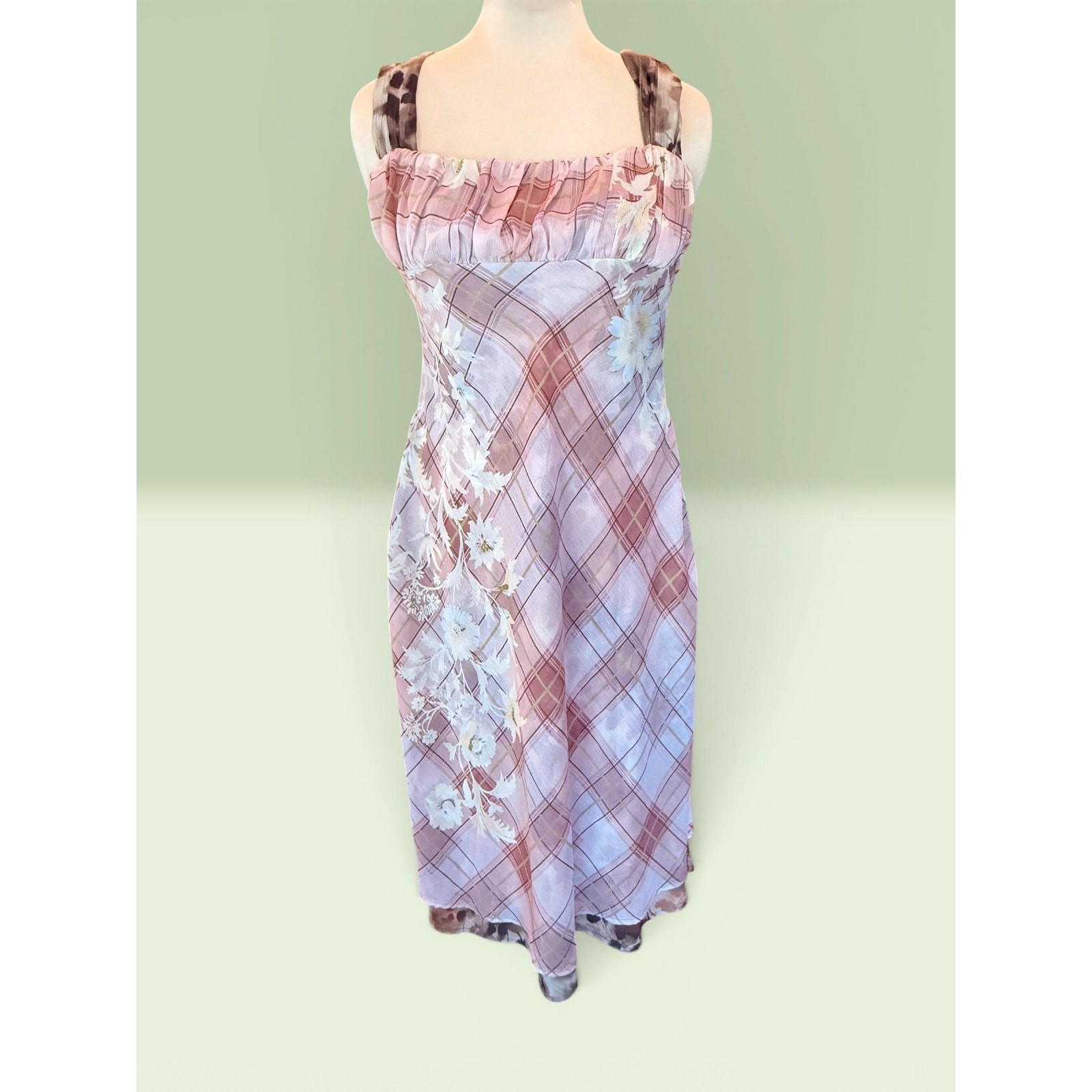 Free People Plaid Floral Mixed Print Midi Slip Dress Boho Bias Cut Size S