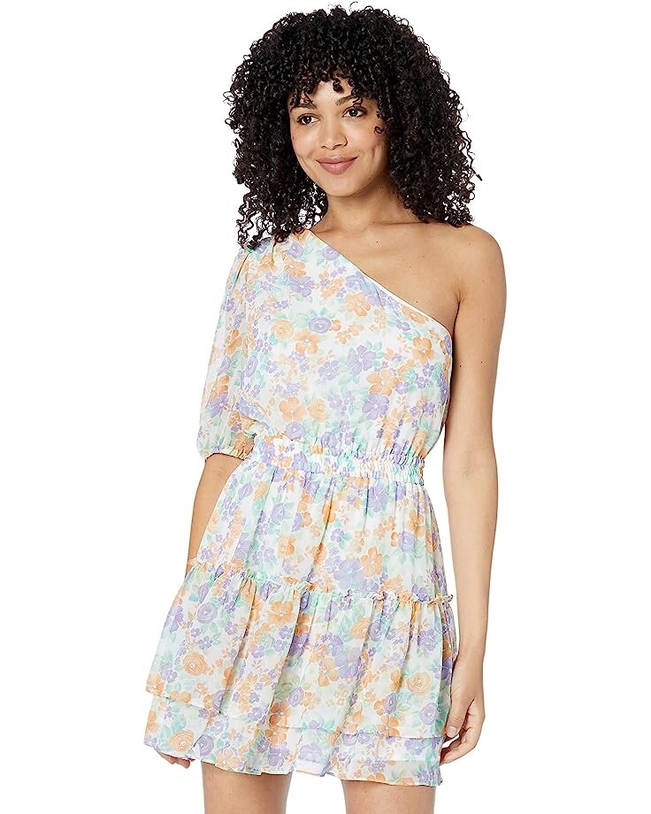 Wayf One Shoulder Tiered White Purple Green Floral Chiffon Mini Dress M