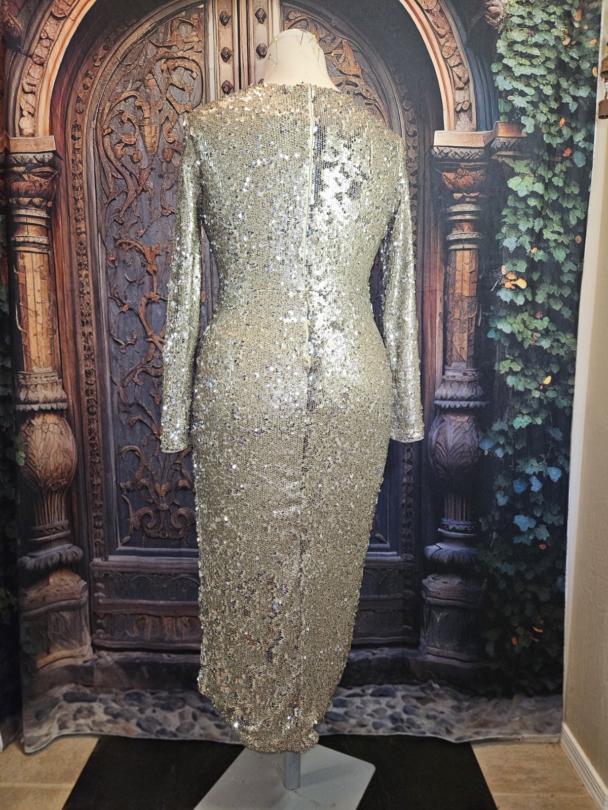TFNC SARALEE MIDI Gold Silver Sequin Faux Wrap Dress Red Carpet UK 12 USA 8
