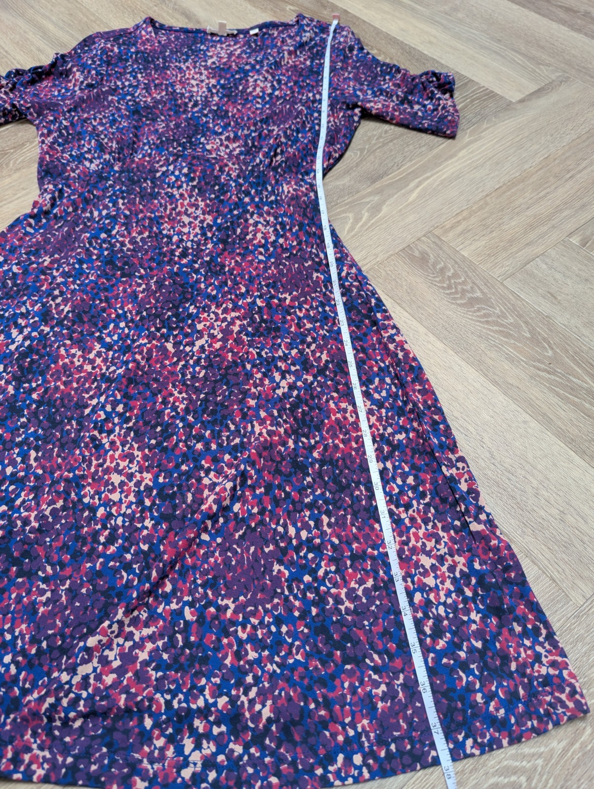 Fat Face Purple & Blue Abstract Print Dress Size 10 Jersey Stretch Ruched Sleeve