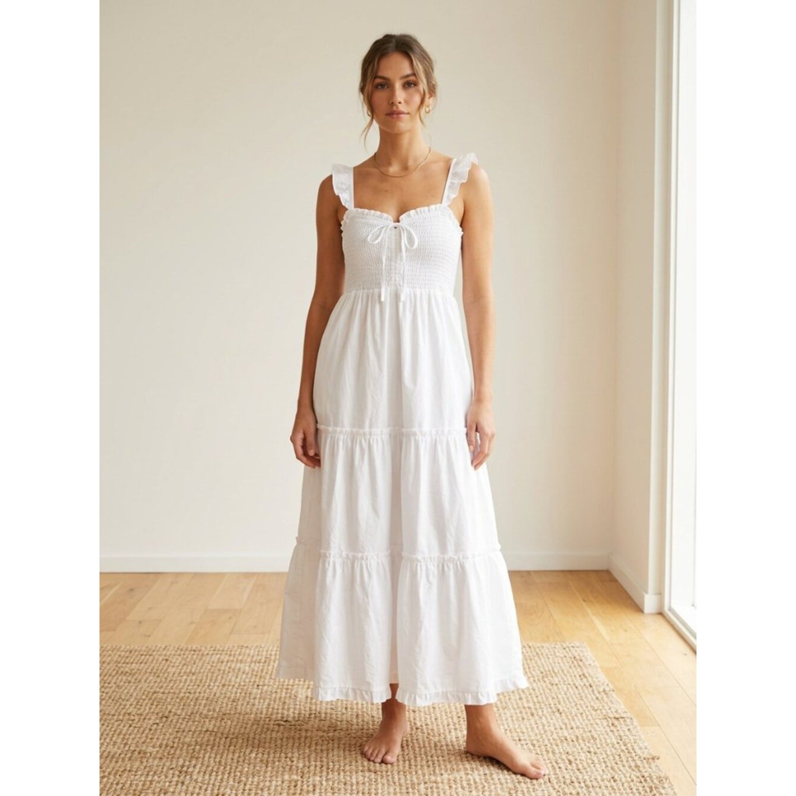 White Smocked Bodice Tiered Midi Dress — Ruffled Straps, Tie Front, Cotton-Feel,