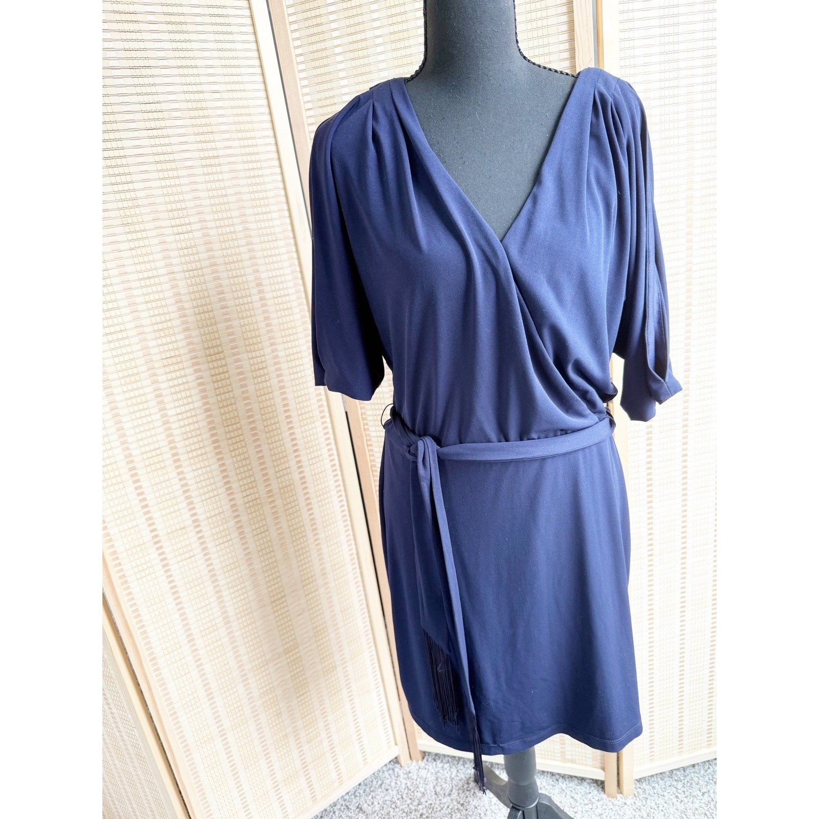 Jessica Simpson Navy Blue Faux Wrap Mini Dress Cold Shoulder Tassel Belt Size M