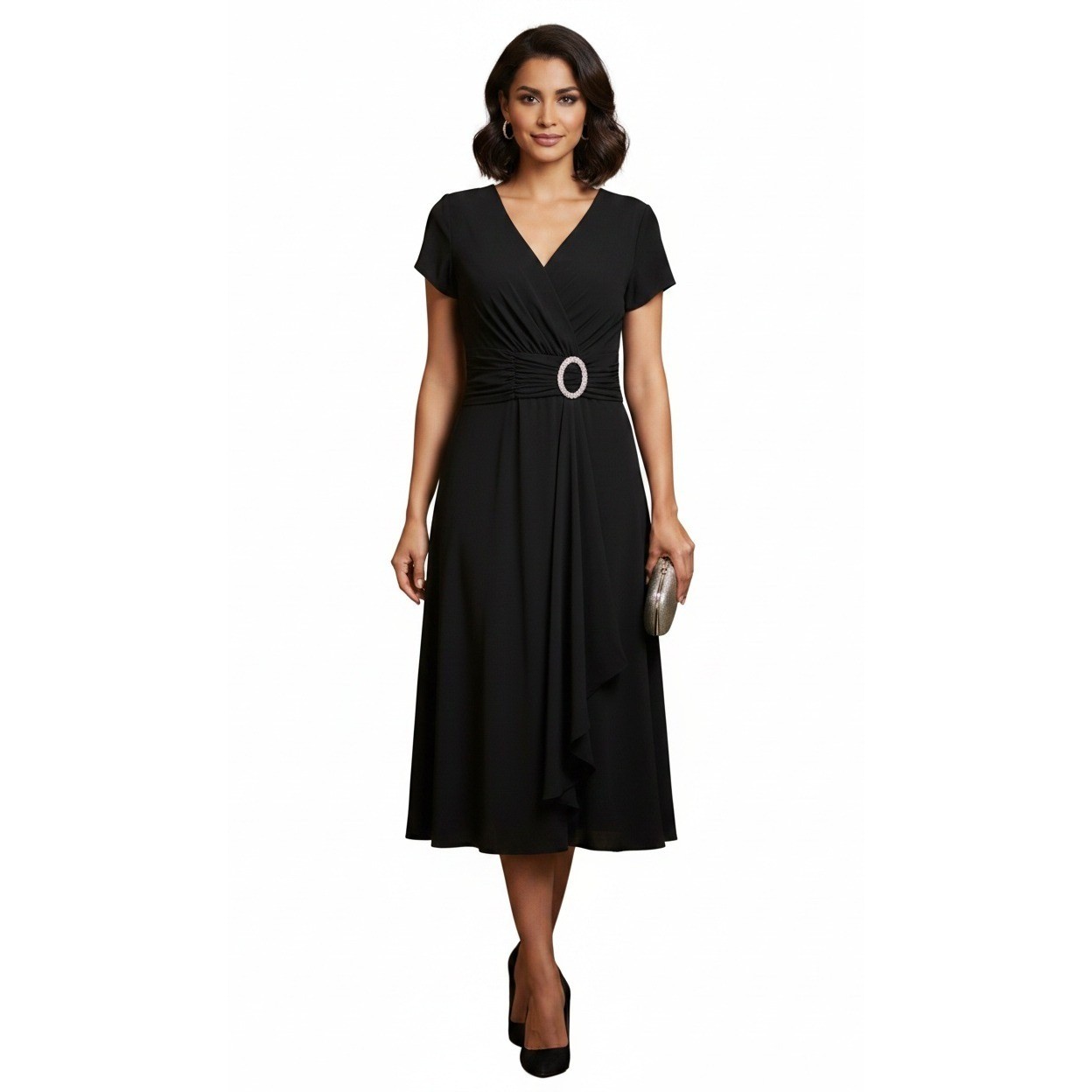 R&M Richards Womens Black Faux Wrap Rhinestone Buckle Cocktail Dress Size 14