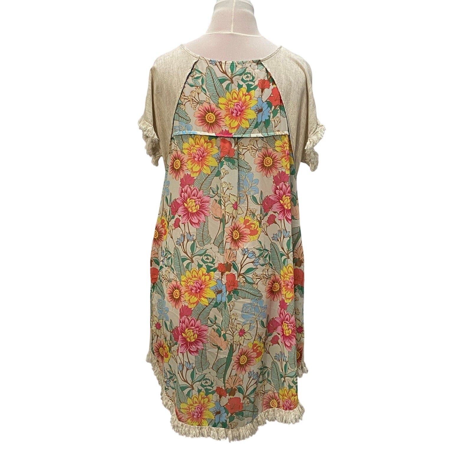 UMGEE Oatmeal Linen Front Tunic Dress Semi Sheer Floral Back SMALL Boho Frayed