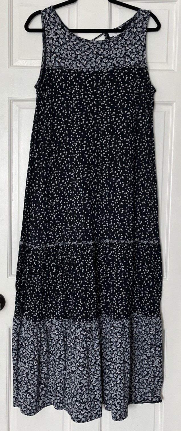 J Jill Maxi Dress Medium Tiered Floral Blue Sleeveless Stretch Comfort Cottage