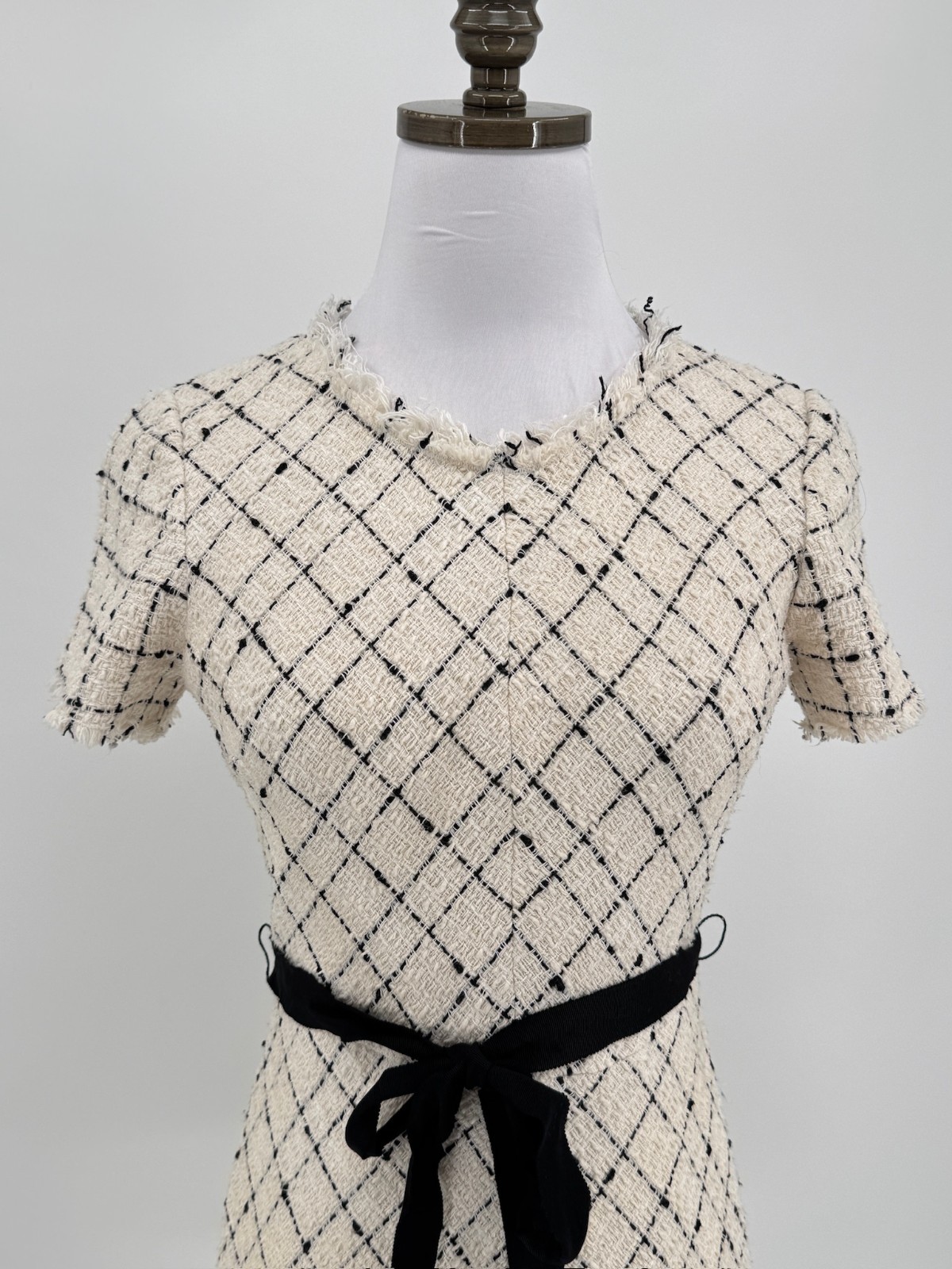 Rebecca Taylor Ivory Boucle Argyle Preppy Ruffle Collar Belted A Line Dress Sz 0