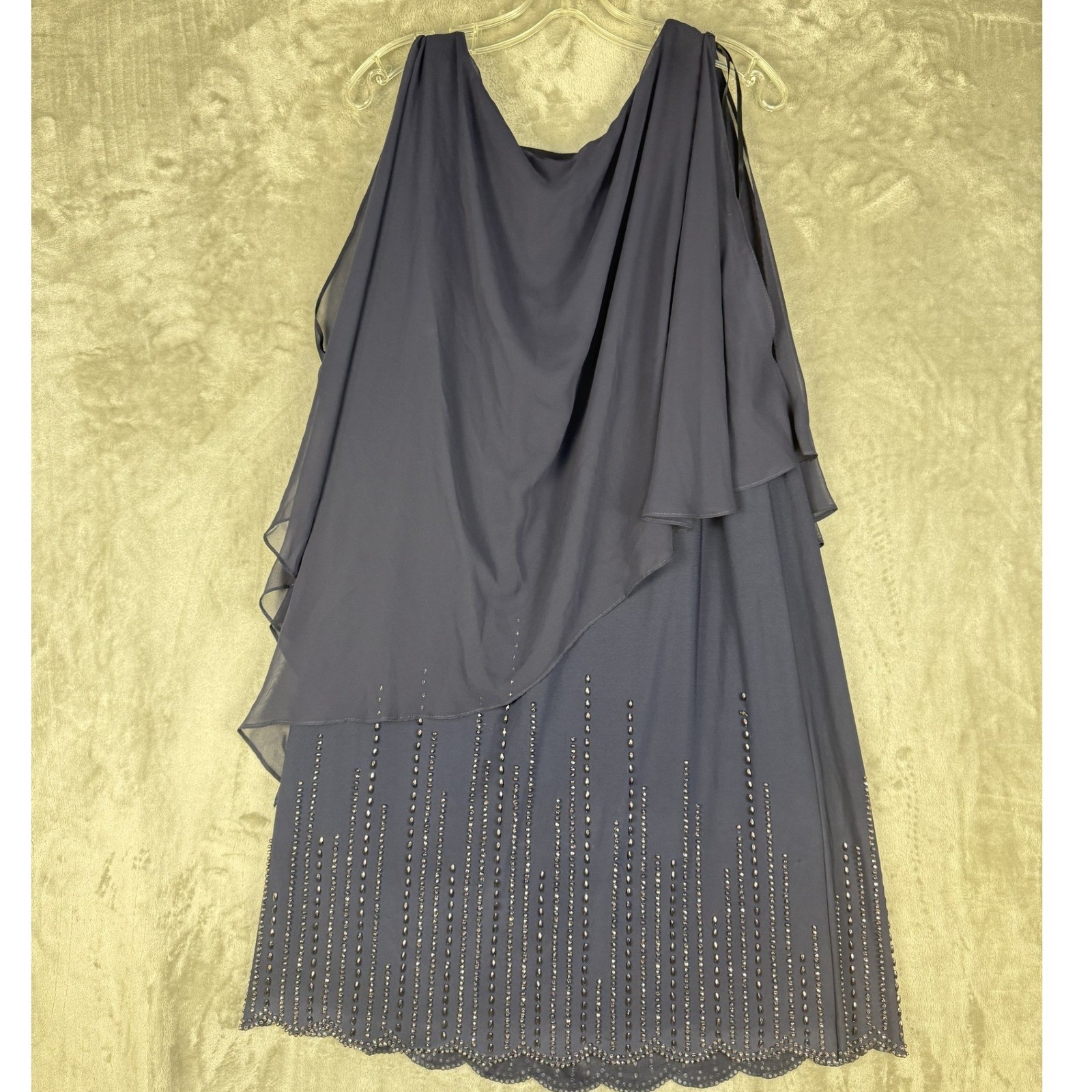 Xscape Navy Blue Beaded Layered Chiffon Gown Dress Size 20W