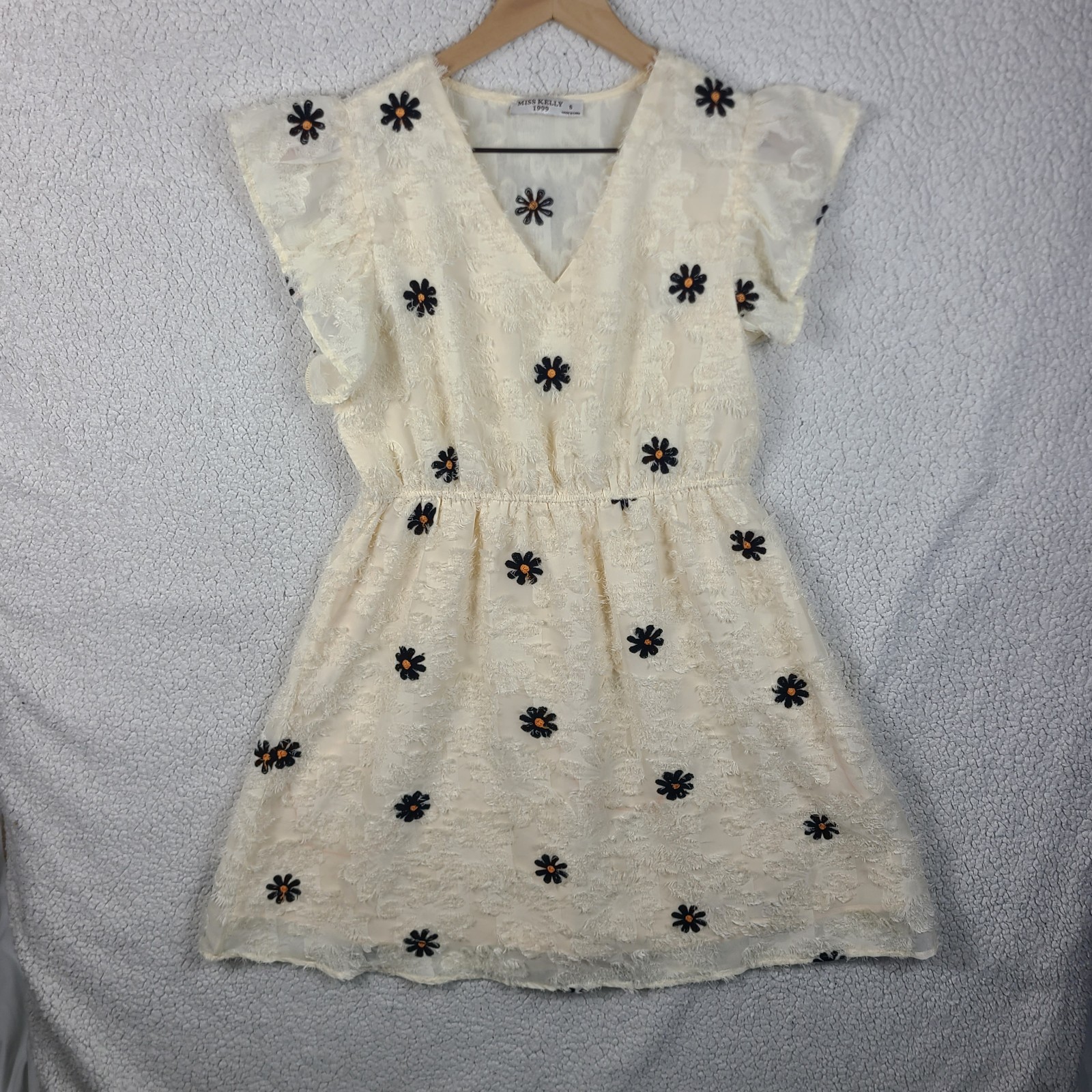 Miss Kelly 1999 Daisy Dress Mini Floral Embroidered Flutter Sleeve Ivory S