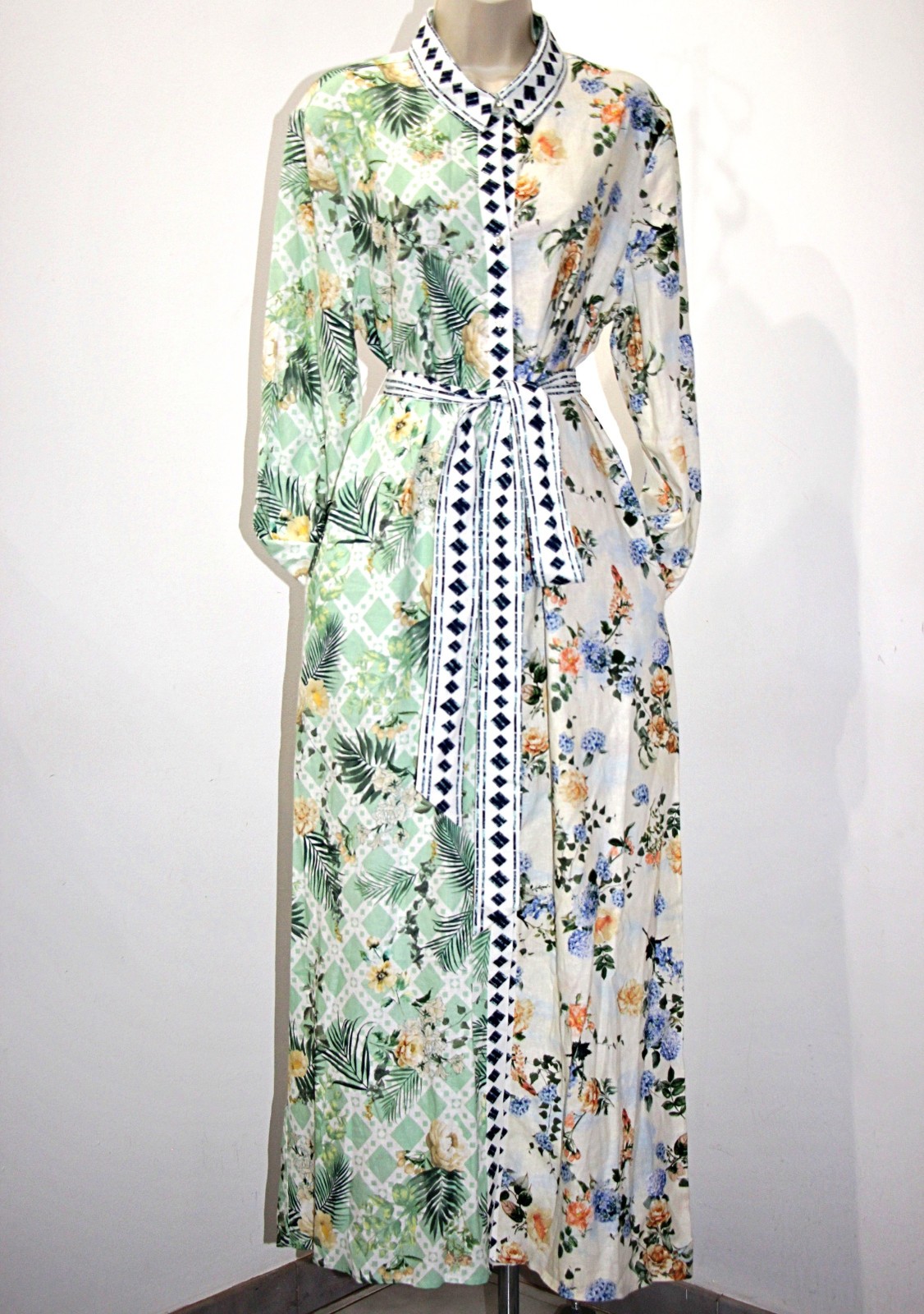 Magaschoni Linen Blend Button Front Pockets Belted Maxi Shirt Dress sz L $228