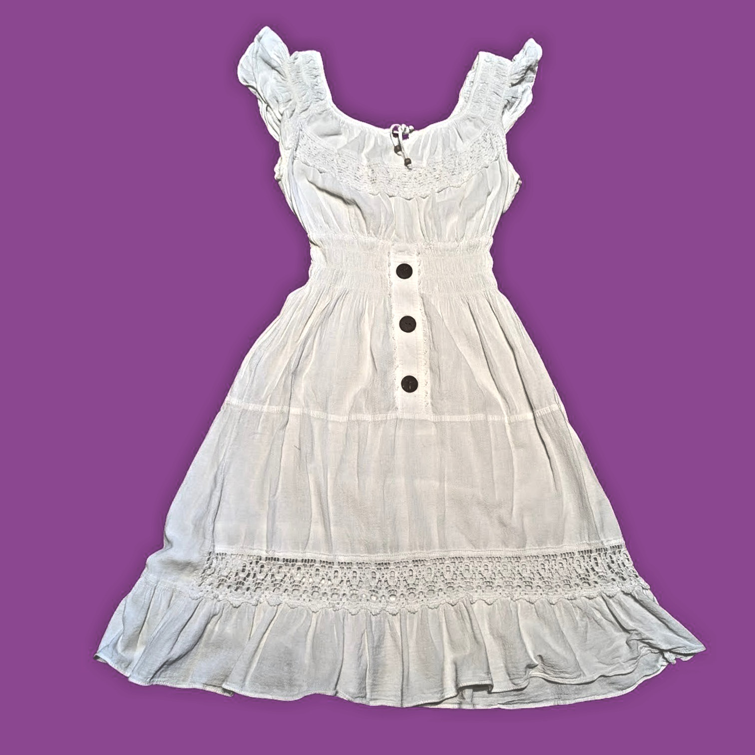 WHITE MILKMAID SUN DRESS Midi lace crochet boho peasant Women’s Small 6Y