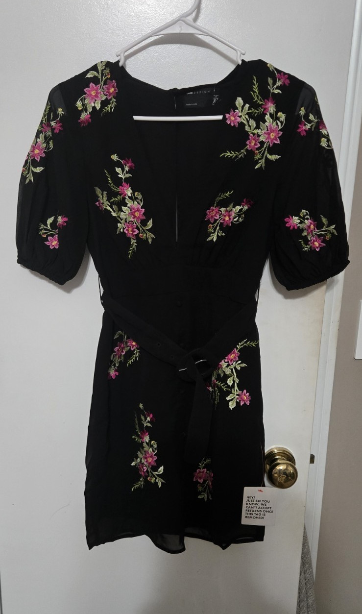 ASOS DESIGN Black Floral Embroidered V-Neck Puff Sleeve Mini Dress US 4