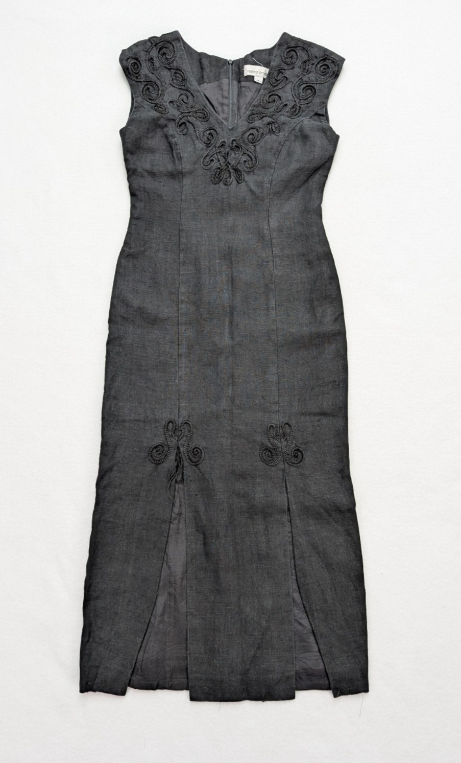 Nancy Crystal Vintage Women’s Dress Size 4 Black Midi Maxi Slits Sheath FLAW
