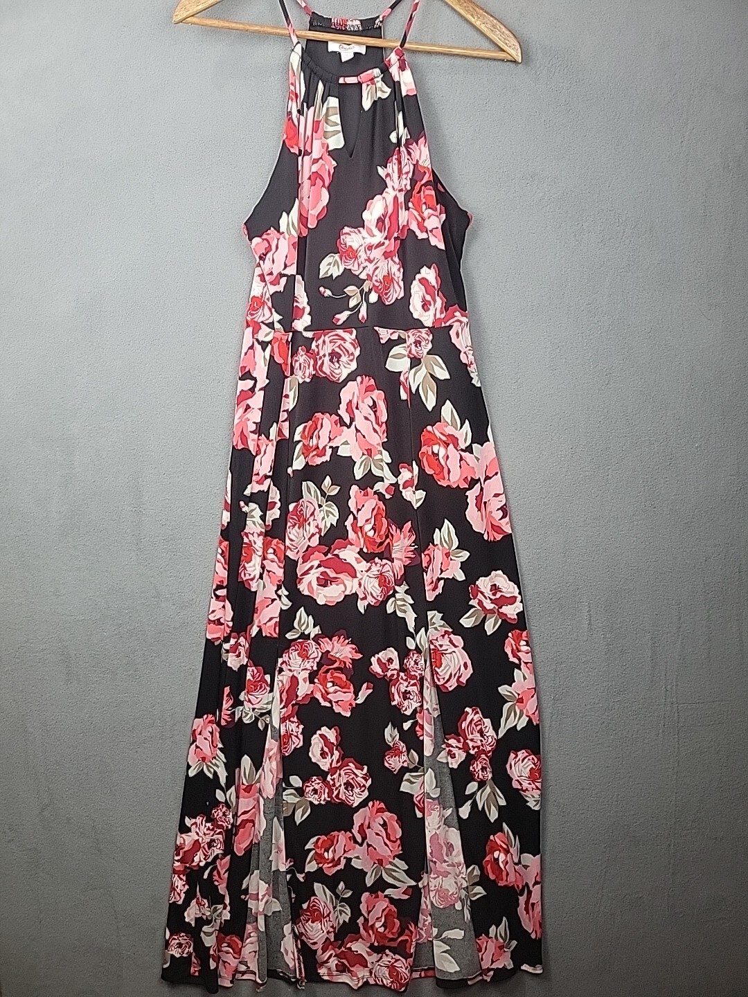 Candies Maxi Dress Womens Large Floral Black Rose Pink Halter Fairy Retro Boho