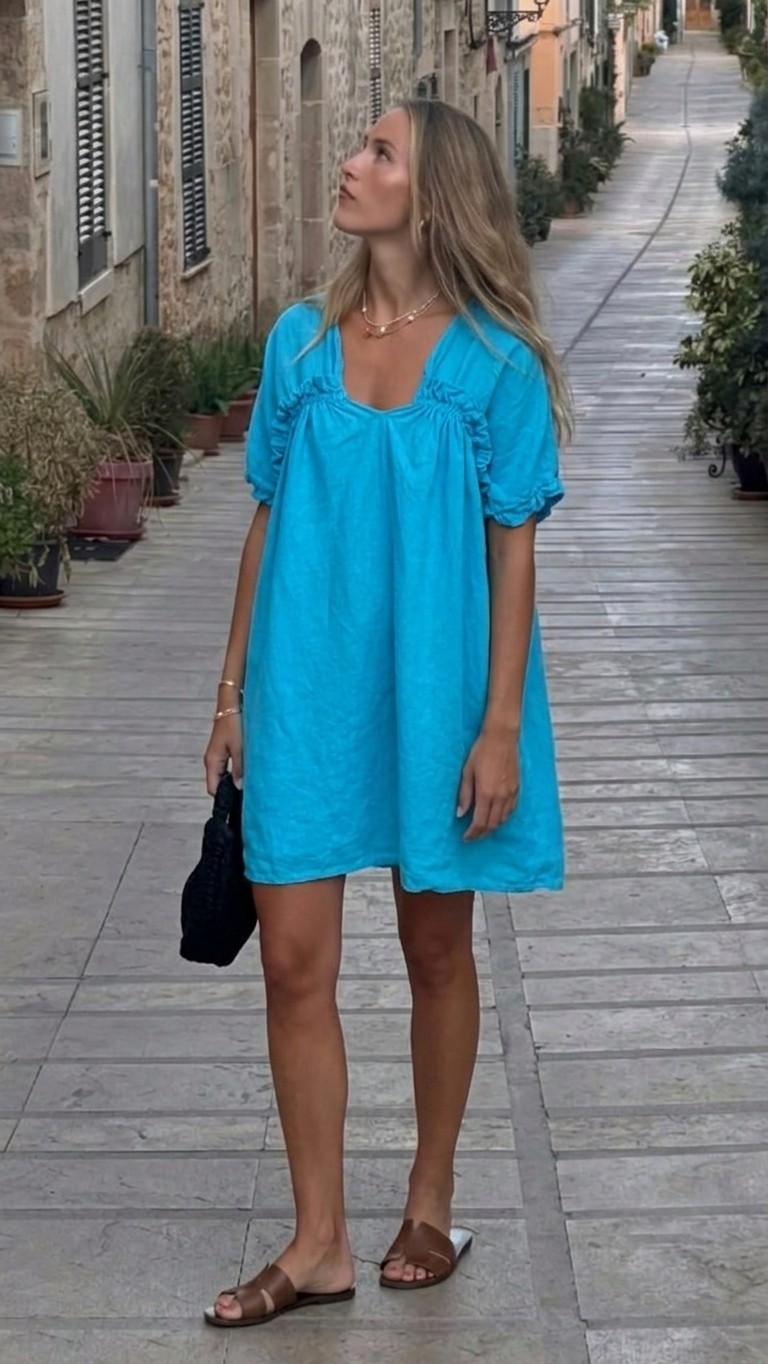 Kit and Kaboodal 100% Linen Turquoise Boho Tunic Dress One Size Oversized