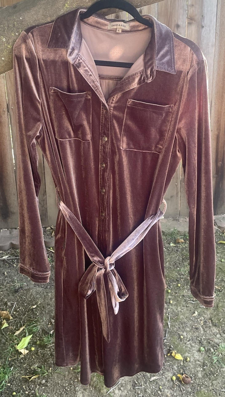 David & Alex XL Purple Brown Velvet Button Front Shirt Dress Belt Pockets