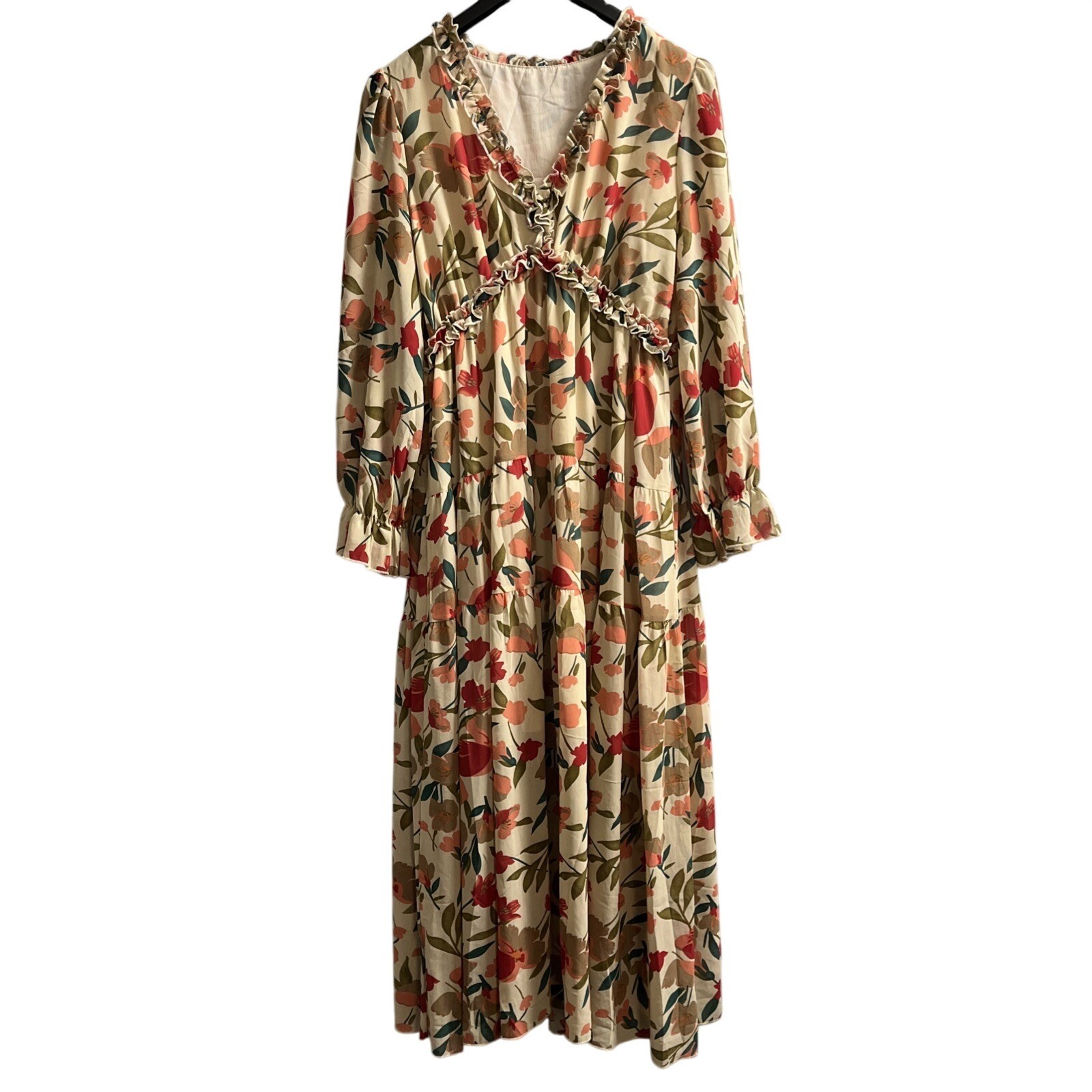Womens Floral Dress Brown Sheer Chiffon Babydoll Tiered Ruffle Maxi Size XL