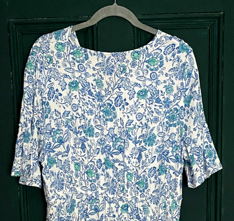 Per Una Size 16 Regular White Blue Print Short Sleeve Summer 44″ Midi DRES