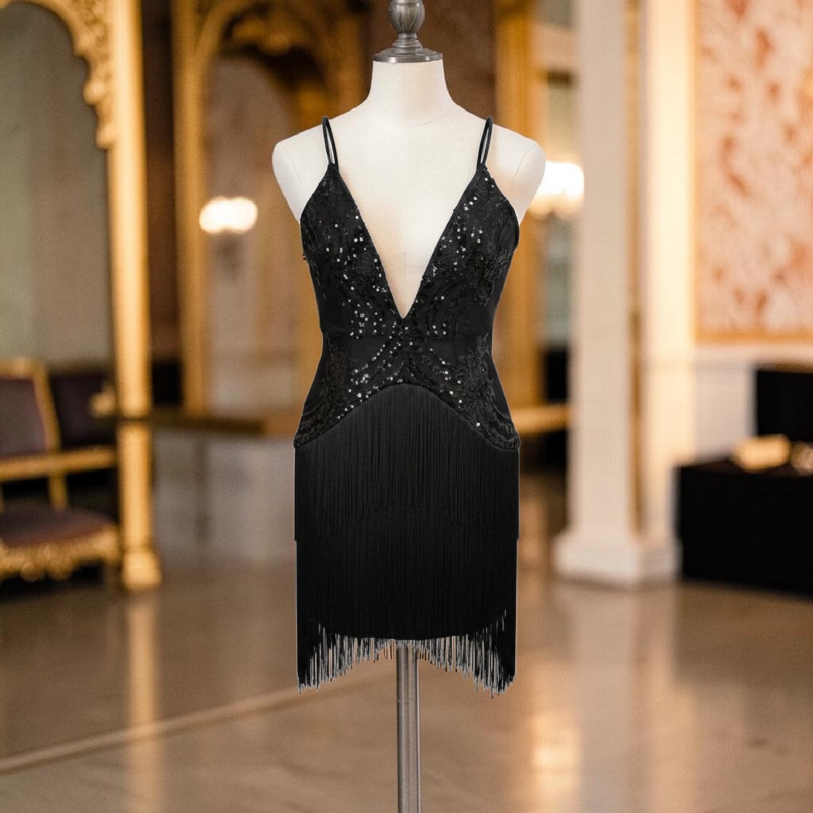 Black Sequin Fringe V-Neck Women’s Dress