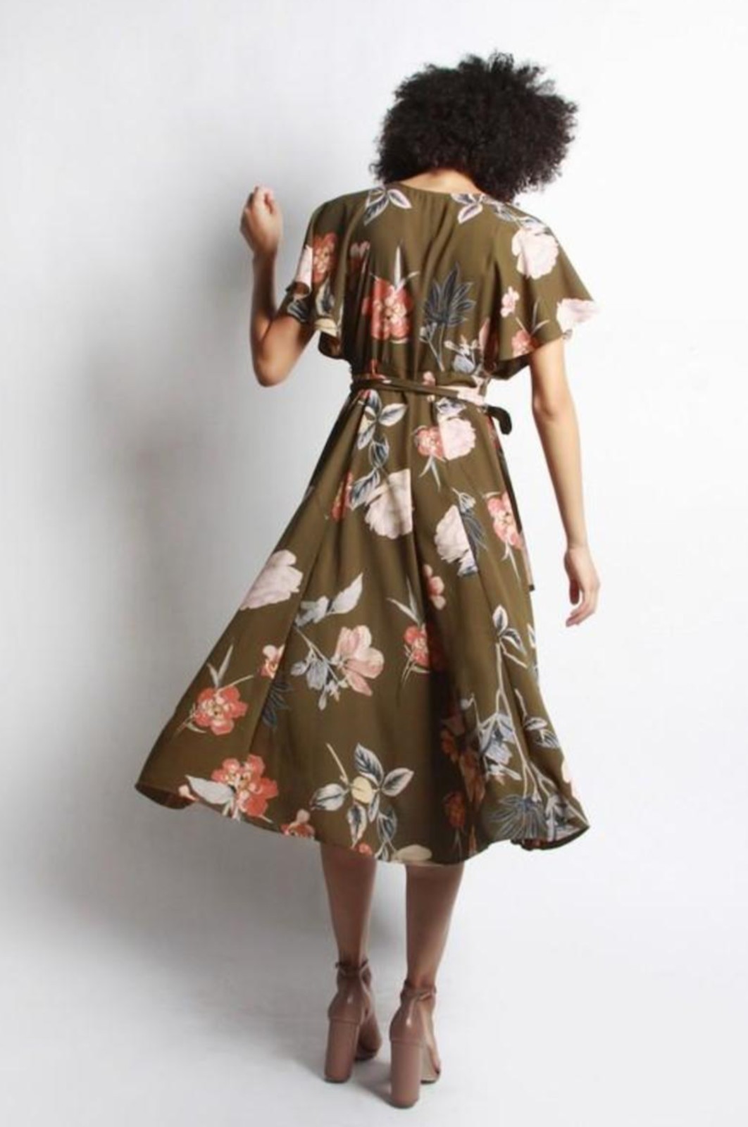 Mod Ref Maria Olive Floral Wrap Dress L Midi Cap Sleeve Cottage Western Boho 90