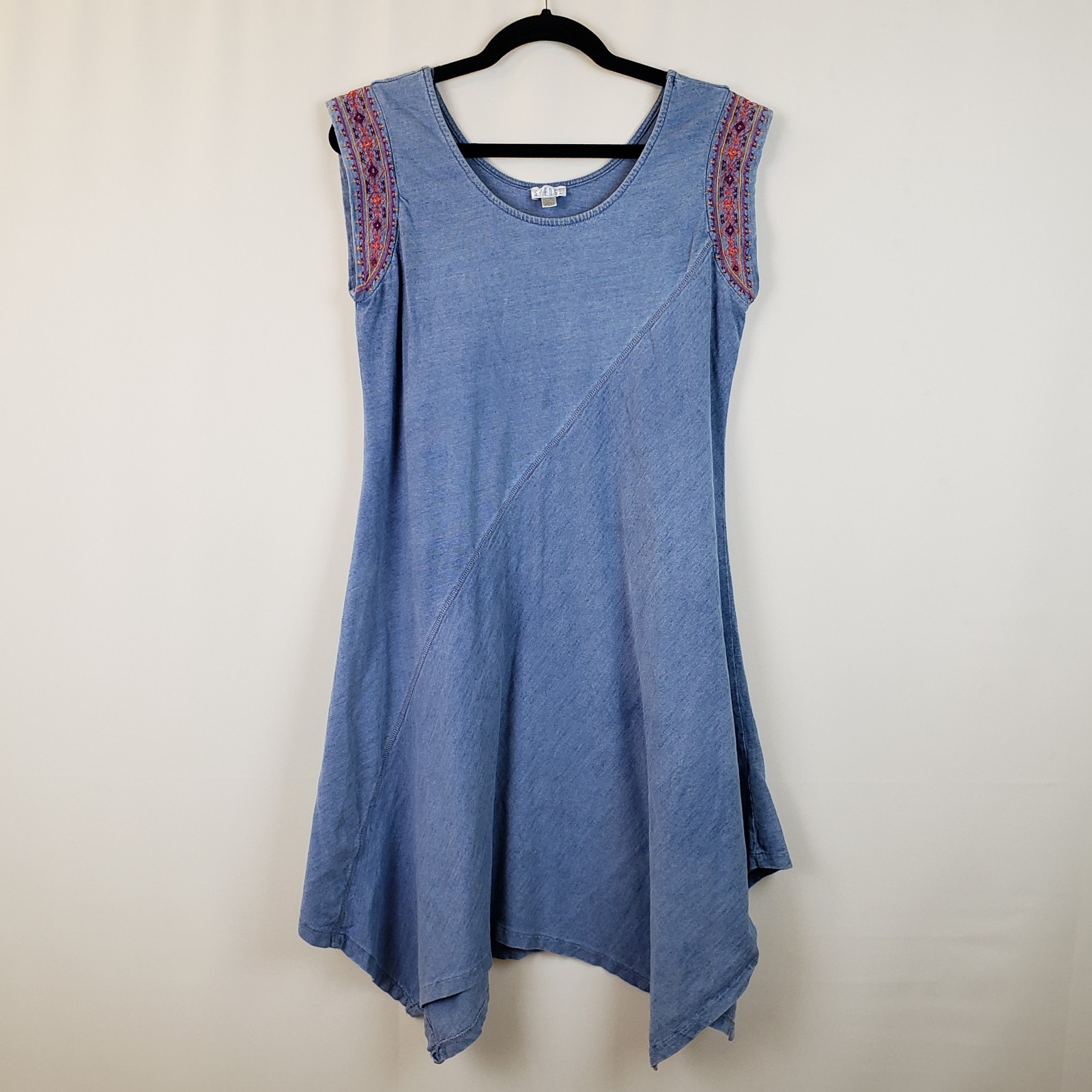 Spence Dress L Denim Look Blue Slub Knit 100% Cotton Asymmetric Hem Embroidered