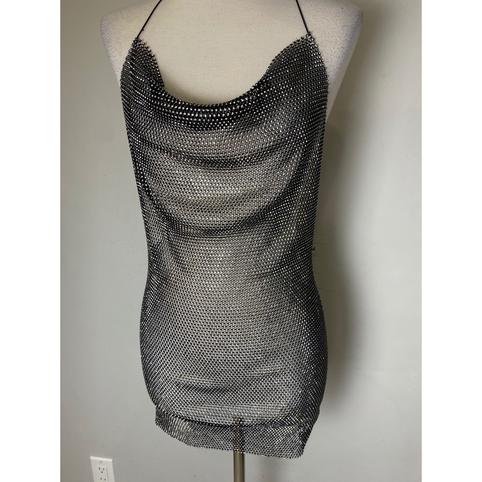 Rhinestone Mesh Mini Dress Black Silver Cowl Neck Open Back Festival Clubwear