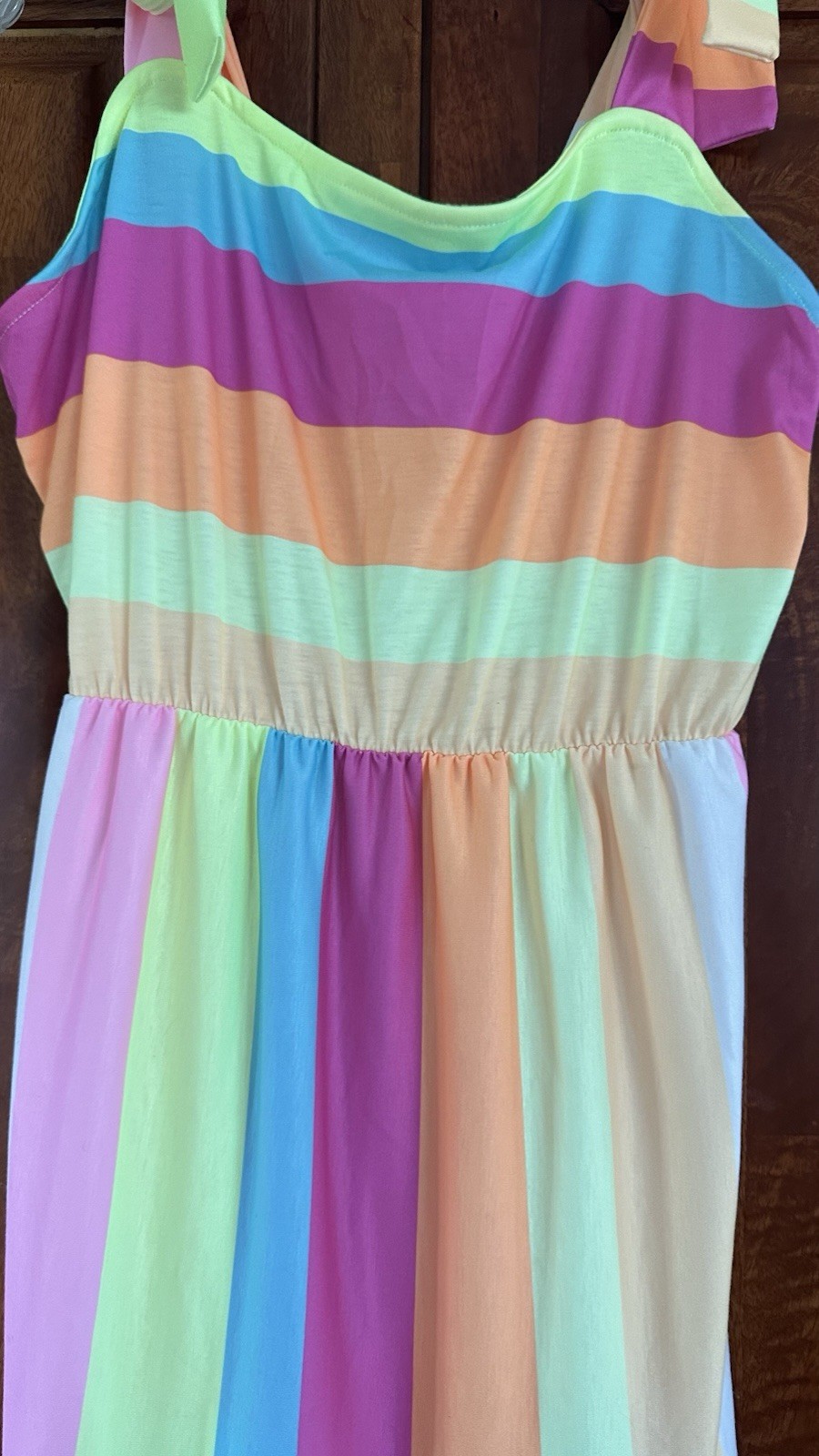 Multicolor Striped Maxi Sundress Bow Tie Straps Scoop Neck Stretch Sleeveless