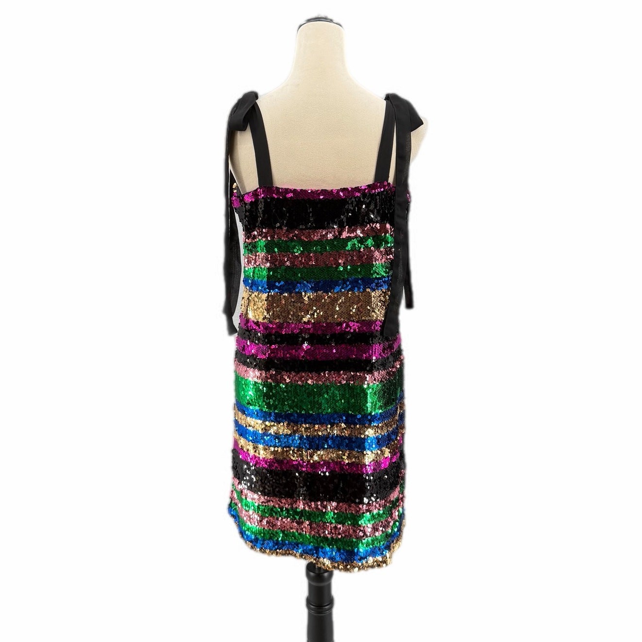 Lea & Viola M Black Multi Color Sequin Stripe Mini Sleeveless Ties Shift Dress