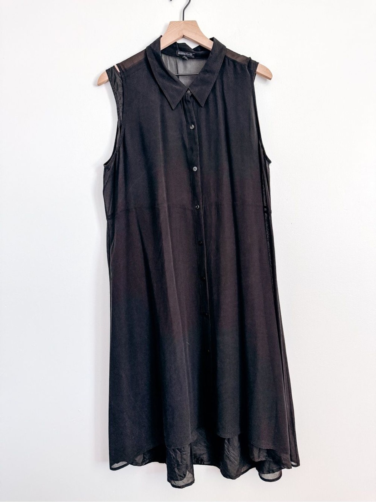 Eileen Fisher 100% Silk Sleeveless Button Front Shirt Dress XL Black