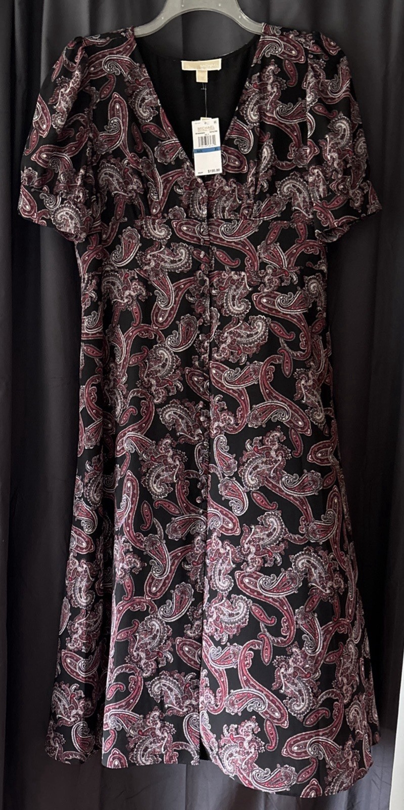 Michael Kors Georgette Paisley Black Pink Multi Midi Dress XL Short Sleeve NWT
