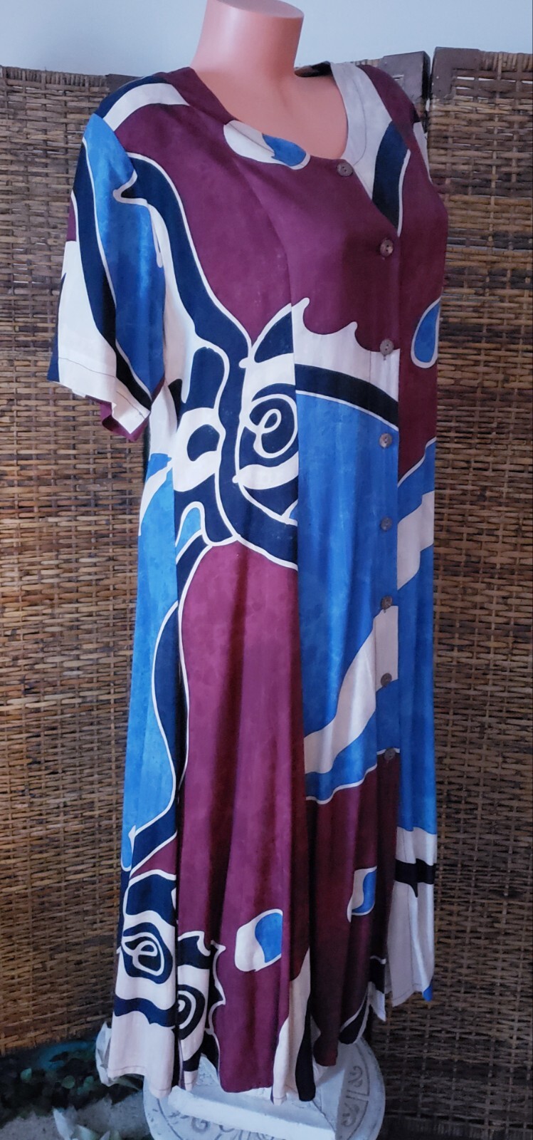 Vintage 90’s Colorful Boho Chic Abstract Art to Wear Full Button Dress Sz L
