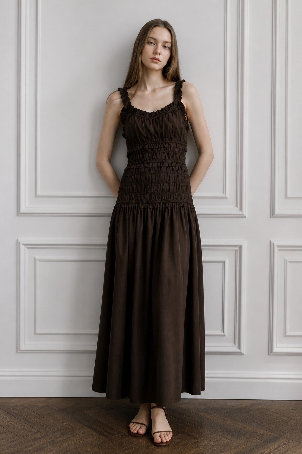 NWT Caroline Constas Brown Smocked Cotton Midi Dress Ruffle Straps S