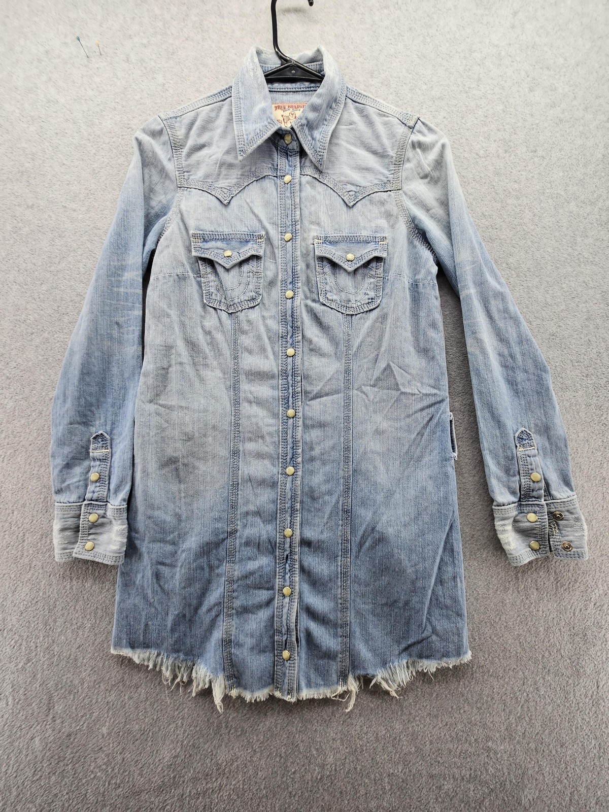 True Religion Shirt Dress Womens XS Blue Rocky Denim Western Snap Frayed Hem