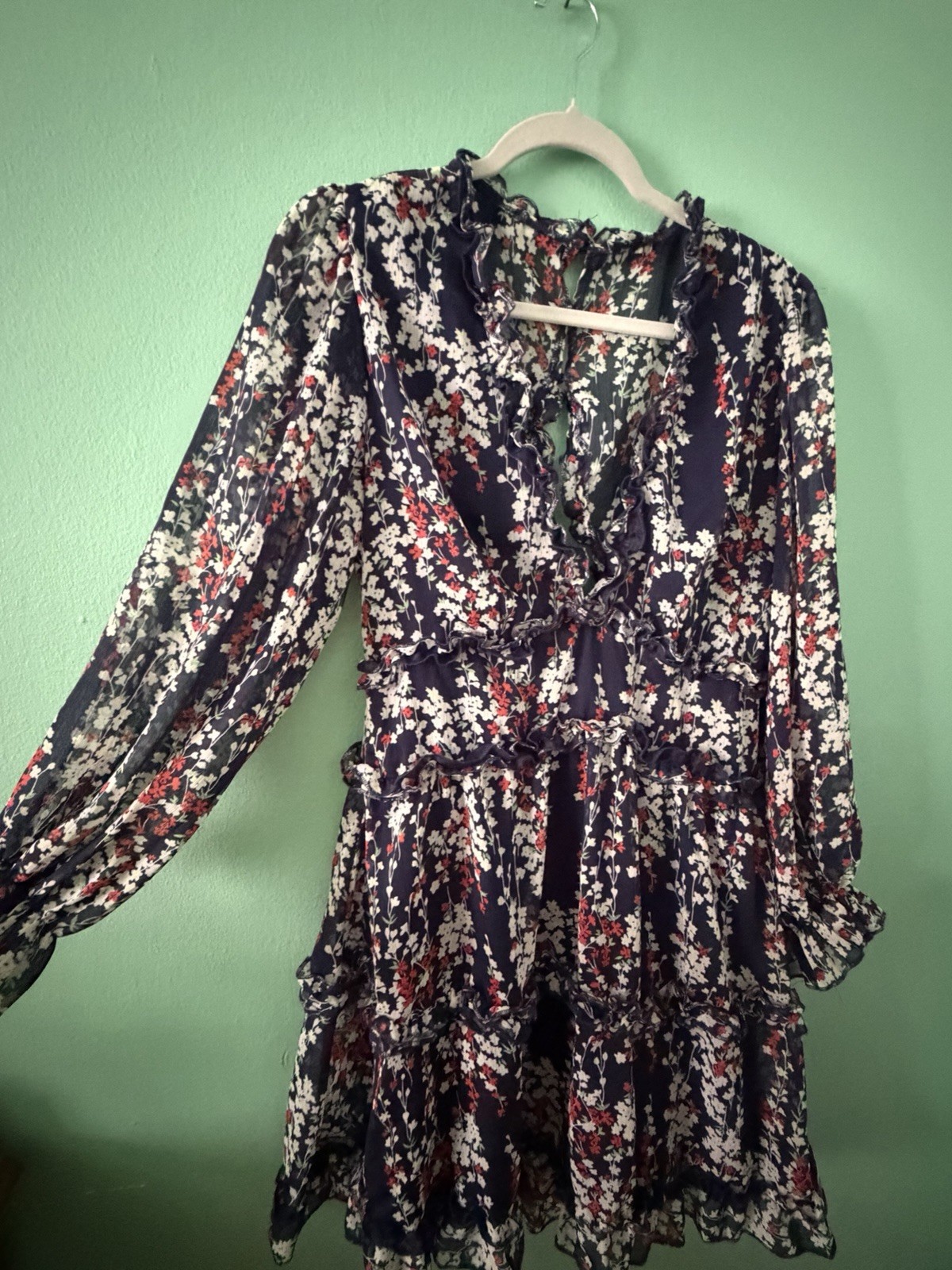Women’s Navy Floral Chiffon Mini Dress S V-Neck Long Sleeve Ruffle Sheer