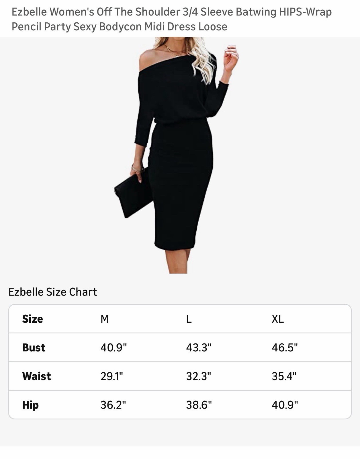 Ezbelle Off The Shoulder Women Batwing 3/4 Sleeve Hip Wrap Bodycon Dress Black M