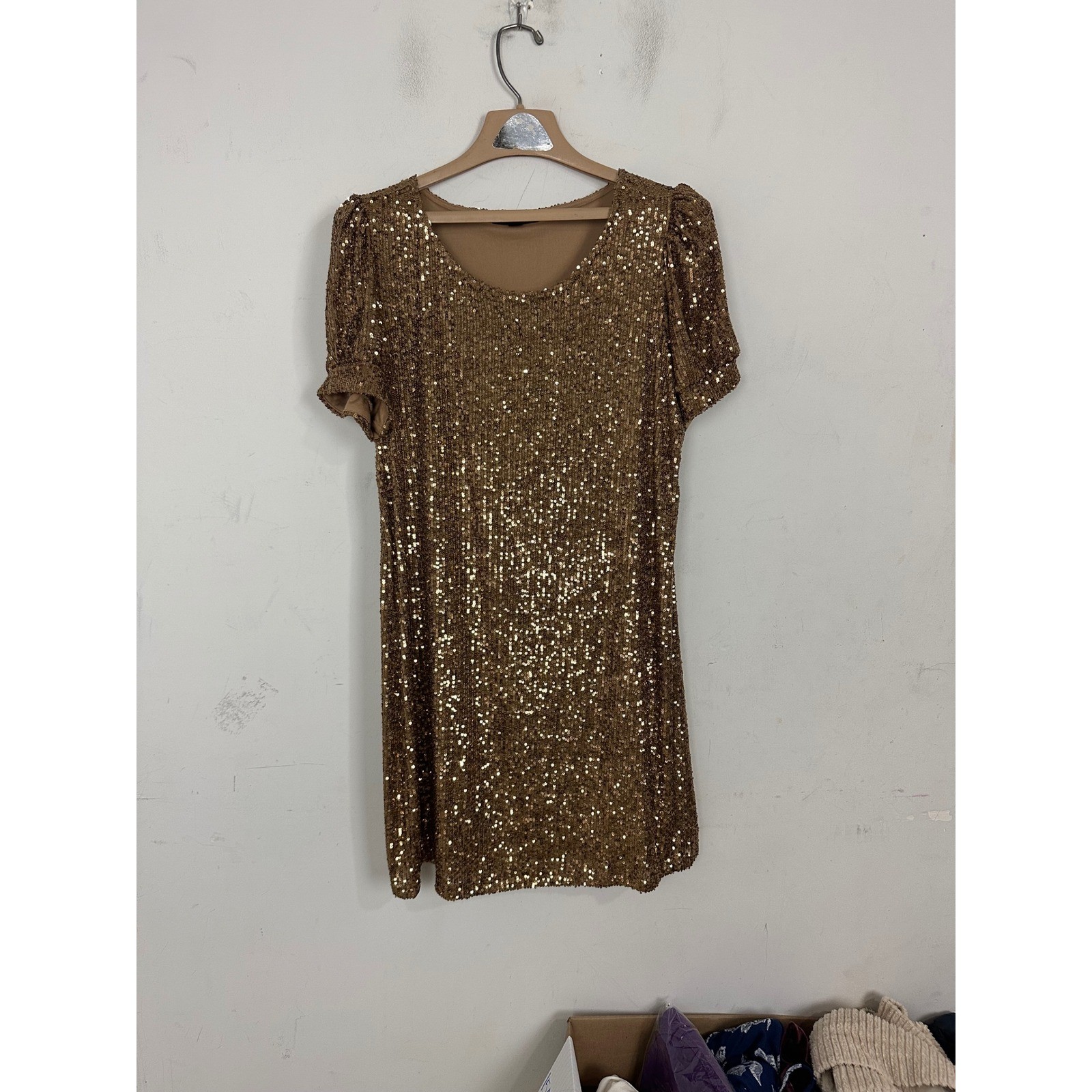 Cable & Gauge Bronze Gold Sequin Shift Dress Short Puff Sleeve Women Large